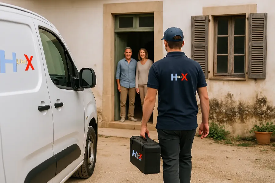 Técnico de HumiX revisando humedades en una vivienda de Moncadal